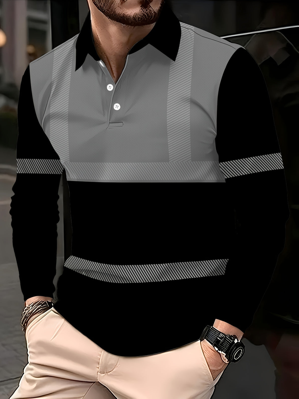 [Printed Design Non-Texture] 2026 New Men'S Casual Long Sleeve POLO Shirt, Black Gray Plaid Striped Design, Light Sports Fitness, Office Casual, All-Season Versatile, Long Sleeve, Spring/Autumn, Breathable And Cool, Soft And Skin-Friendly - Mixed colors