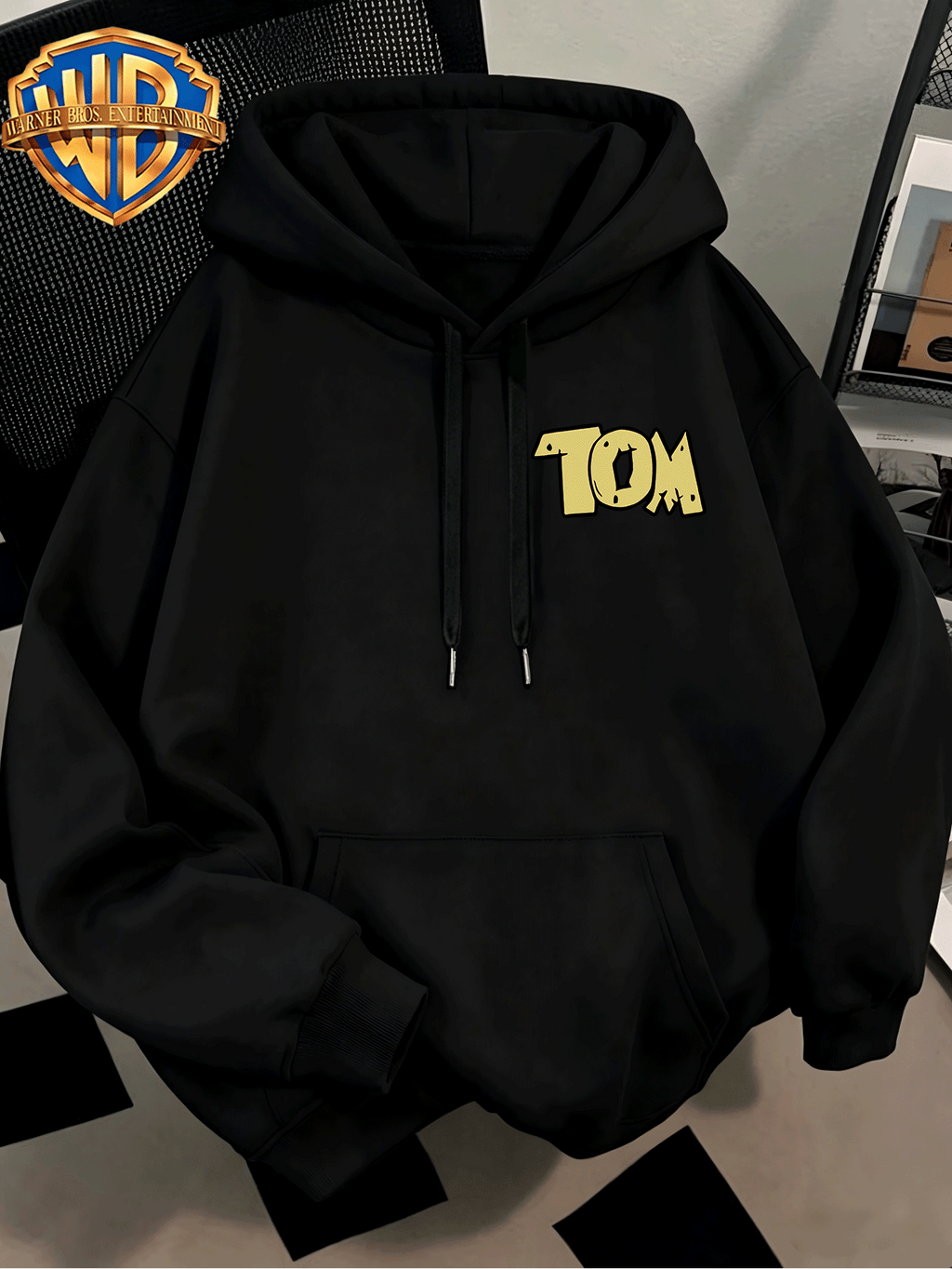 WB Men's. Official Licensed Hooded Sweater Hoodie - Retro Print (Loose Fit Hooded with Iconic WB), Machine Washable Casual Sweater Suitable for Fall/Winter, Daily Wear & for or Outings - Black
