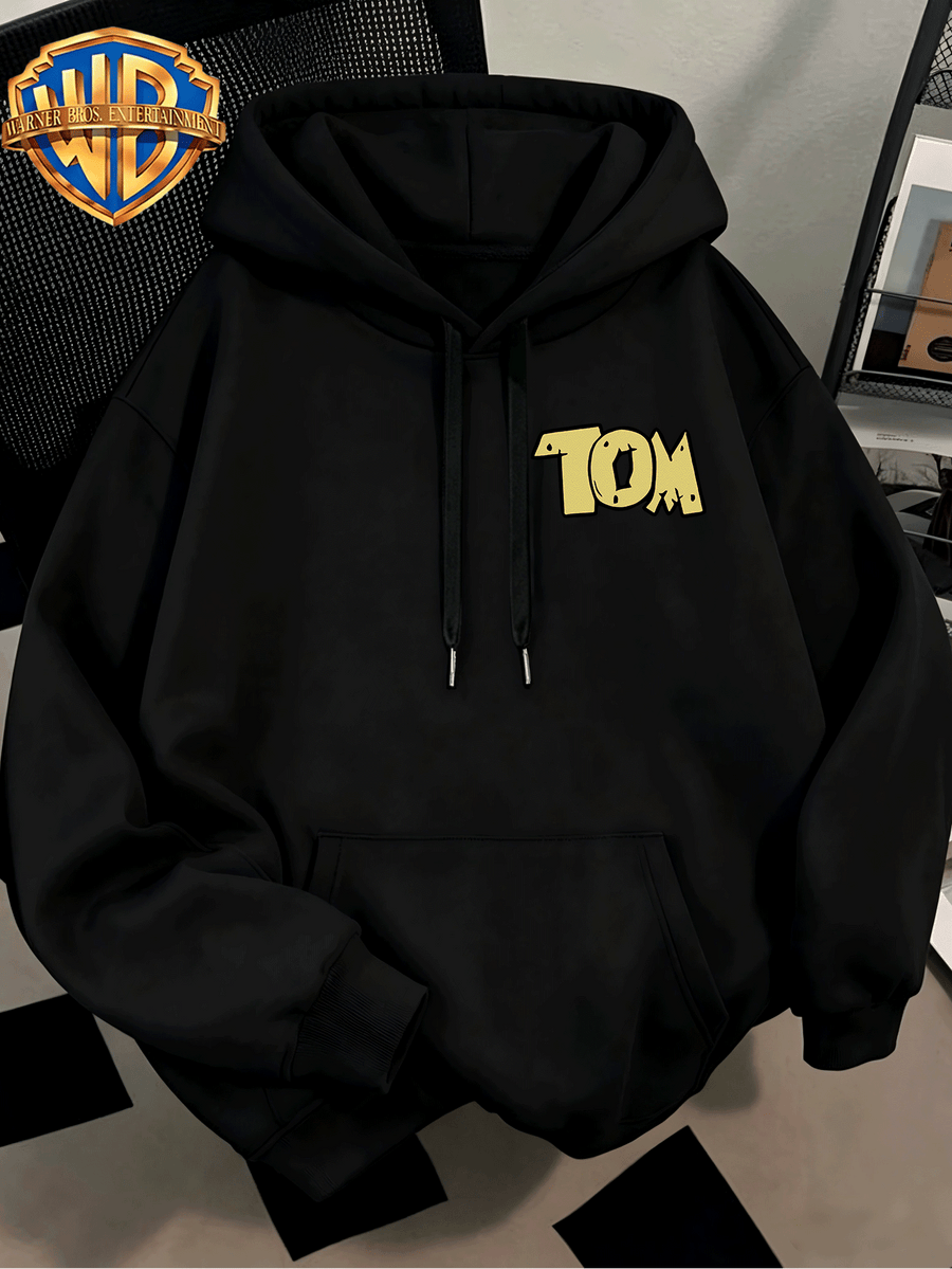 WB Men's. Official Licensed Hooded Sweater Hoodie - Retro Print (Loose Fit Hooded with Iconic WB), Machine Washable Casual Sweater Suitable for Fall/Winter, Daily Wear & for or Outings - Black