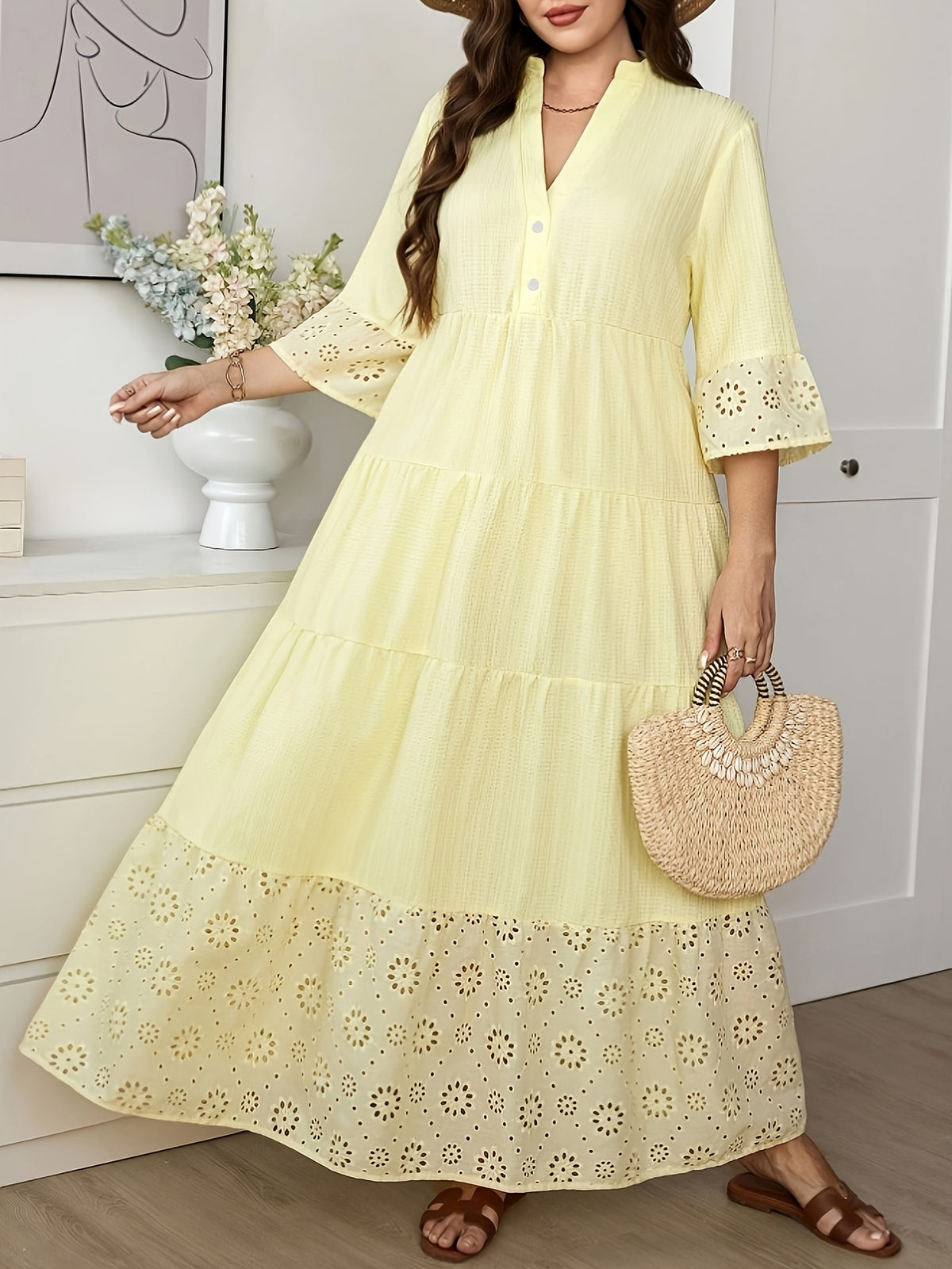 Plus Size - Yellow V-Neck Hollow-Out Embroidered Dress, Plus Size Women'S Stand-Up Collar Sleeve And Hem Hollow Design, Loose Vacation Style Long Dress - Yellow