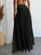 Women's Waist-Cinching Pleated Flared Skirt with Solid Pockets, Comfortable, Versatile, and Elegant, Suitable for Casual Daily Wear and Stylish Commuting, All-Season - Black