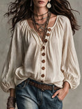 Western Cowgirl Bohemian Loose Blouse for Women, Crinkle Textured Fabric Half Placket Wooden Button Top, Lantern 3/4 Sleeve Flowy Beach Holiday Shirt - Apricot