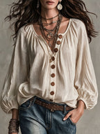 Western Cowgirl Bohemian Loose Blouse for Women, Crinkle Textured Fabric Half Placket Wooden Button Top, Lantern 3/4 Sleeve Flowy Beach Holiday Shirt - Apricot