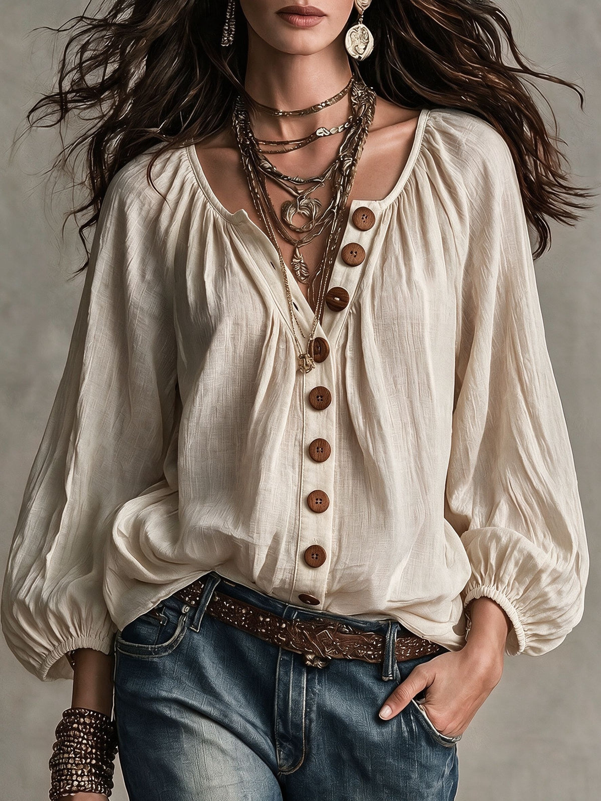 Western Cowgirl Bohemian Loose Blouse for Women, Crinkle Textured Fabric Half Placket Wooden Button Top, Lantern 3/4 Sleeve Flowy Beach Holiday Shirt - Apricot