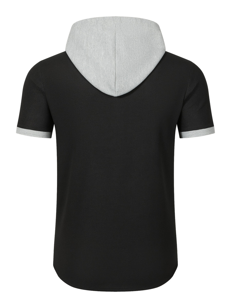 New Summer Shirt with Hooded Men'S Wear, Casual, Loose, Fashionable, Athletic, Home Workout, Camping, Fitness, Beach Shirt, Solid Color, Trendy, Youthful Fashion, Premium, Short Sleeve, Summer Premium Men'S Shirt - Black