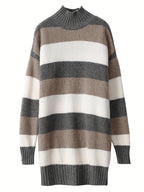 Sweater Dress Fall Winter Korean Style New Women'S Design Sense High Neck Top Long Length Pullover Sweater Striped Dress Premium Beautiful Temperament Mid-Length Base Dress Winter Skirt - Grey