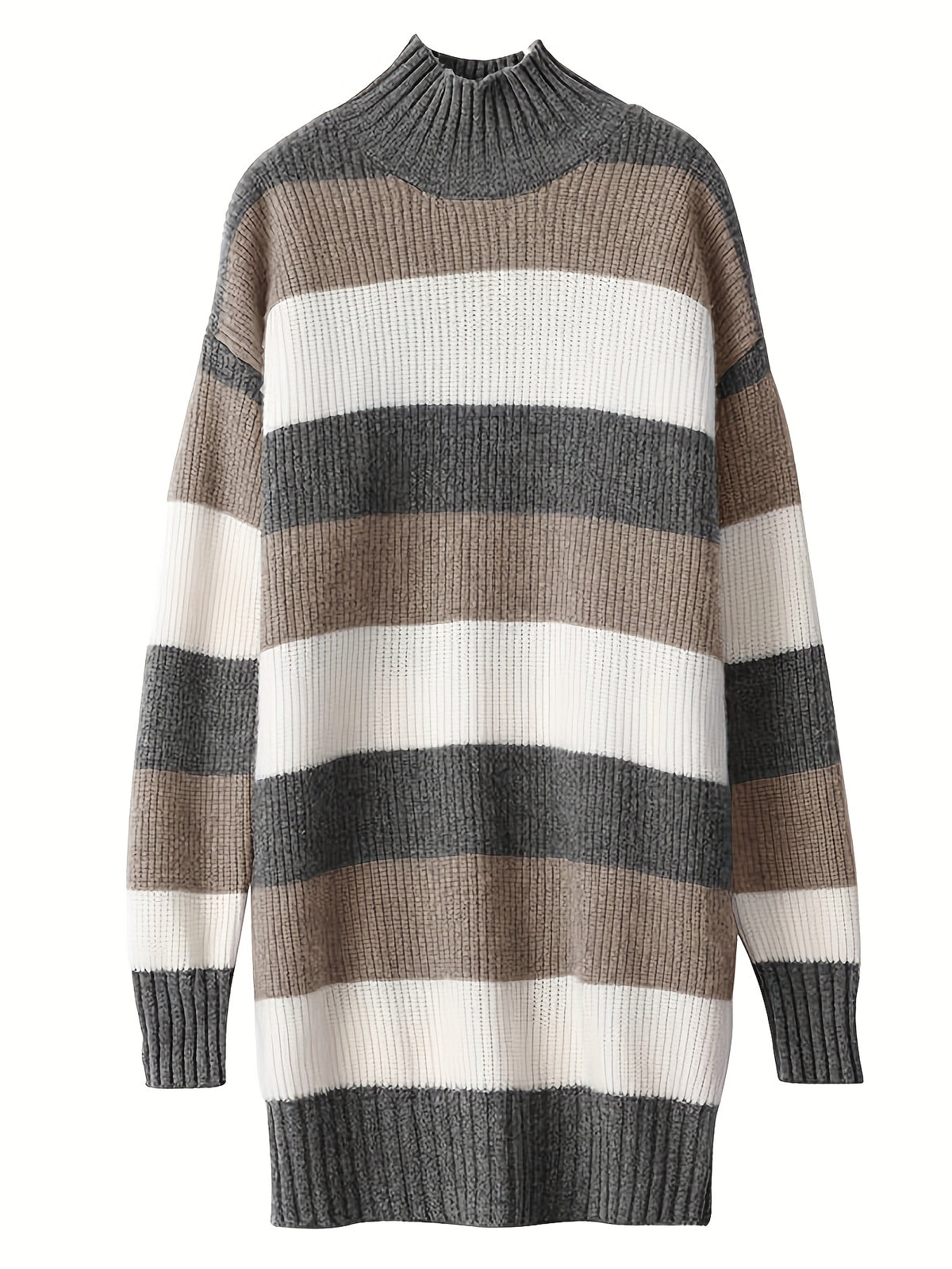 Sweater Dress Fall Winter Korean Style New Women'S Design Sense High Neck Top Long Length Pullover Sweater Striped Dress Premium Beautiful Temperament Mid-Length Base Dress Winter Skirt - Grey
