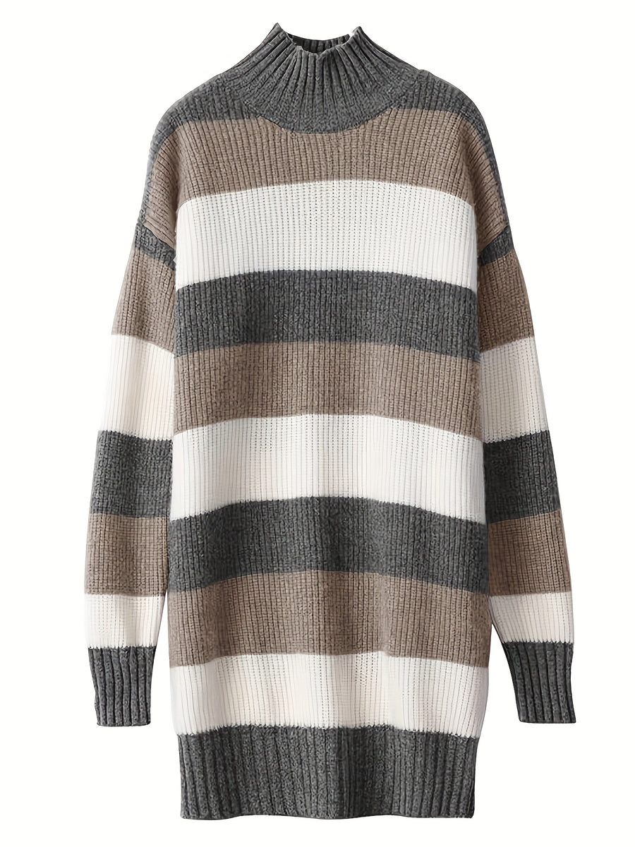 Sweater Dress Fall Winter Korean Style New Women'S Design Sense High Neck Top Long Length Pullover Sweater Striped Dress Premium Beautiful Temperament Mid-Length Base Dress Winter Skirt - Grey