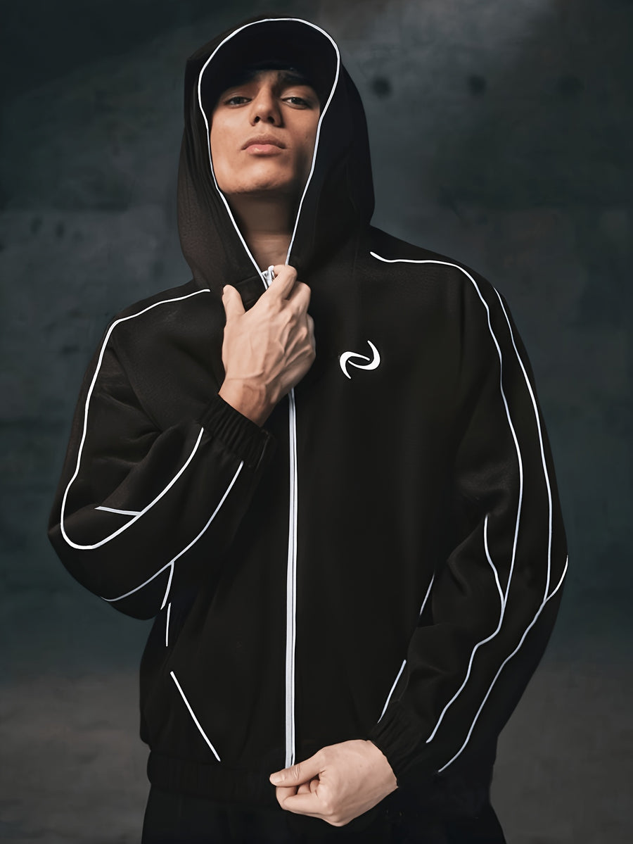 Men'S Casual Contrast Striped Jacket, Hooded Zip-Up. Comfortable Fit, Fashionable Jacket Coat - Black And White