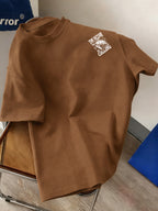 Men's New Style Pure Cotton Short Sleeve Crew Neck T-Shirt with "Ocean Call" Print, Suitable for Vacation, Leisure, Comfortable, Soft, Breathable, Summer Essential - Coffee Brown