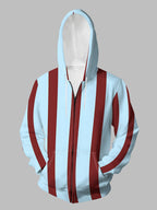 Men'S Autumn Winter Zipper Hooded Sweatshirt Light Blue Burgundy Vertical Stripes Pattern Print Casual All-Match Top - Mixed colors