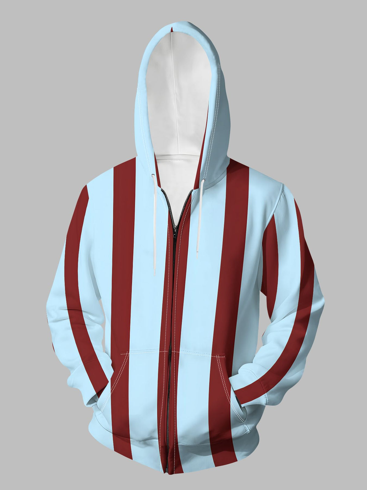 Men'S Autumn Winter Zipper Hooded Sweatshirt Light Blue Burgundy Vertical Stripes Pattern Print Casual All-Match Top - Mixed colors