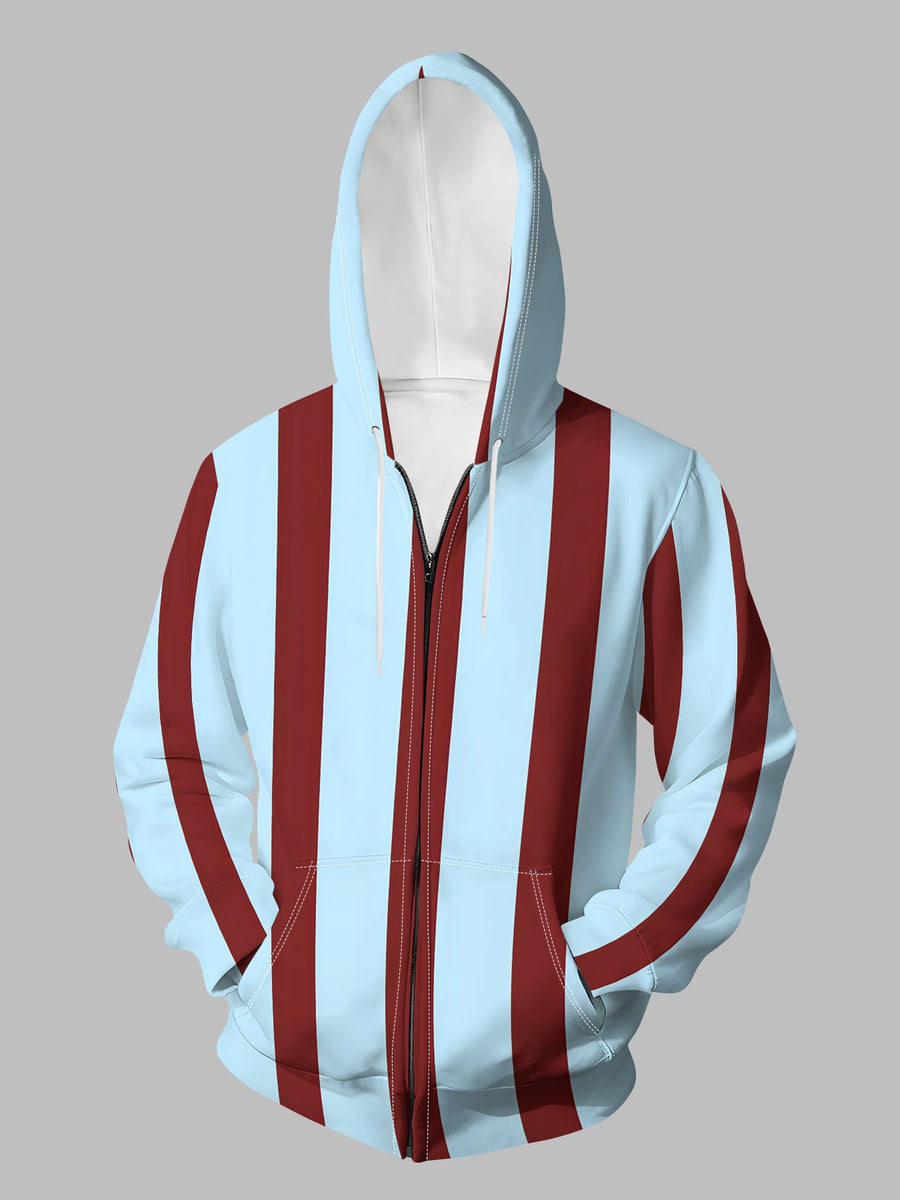 Men'S Autumn Winter Zipper Hooded Sweatshirt Light Blue Burgundy Vertical Stripes Pattern Print Casual All-Match Top - Mixed colors