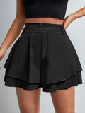 Women's High-Waisted Shorts - Non-Stretch Structured Fabric, Elegant Casual Everyday & Formal Outfits - All-Season Non-Transparent Pants for Women, Versatile Clothing, Fitted Design, Opaque Material, Summer Fashion, Classic Style, Durable Construction - Black