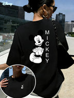 Hot Spring Summer Women'S Casual T-Shirt, Women'S Fashion Clothing, Authorized, Mickey Classic Black And White Image Joyful Pose Side Smile Print, Women'S Fashion Versatile Short Sleeve, Women'S Short Sleeve Top, Daily Outing, Fashion Versatile - Black