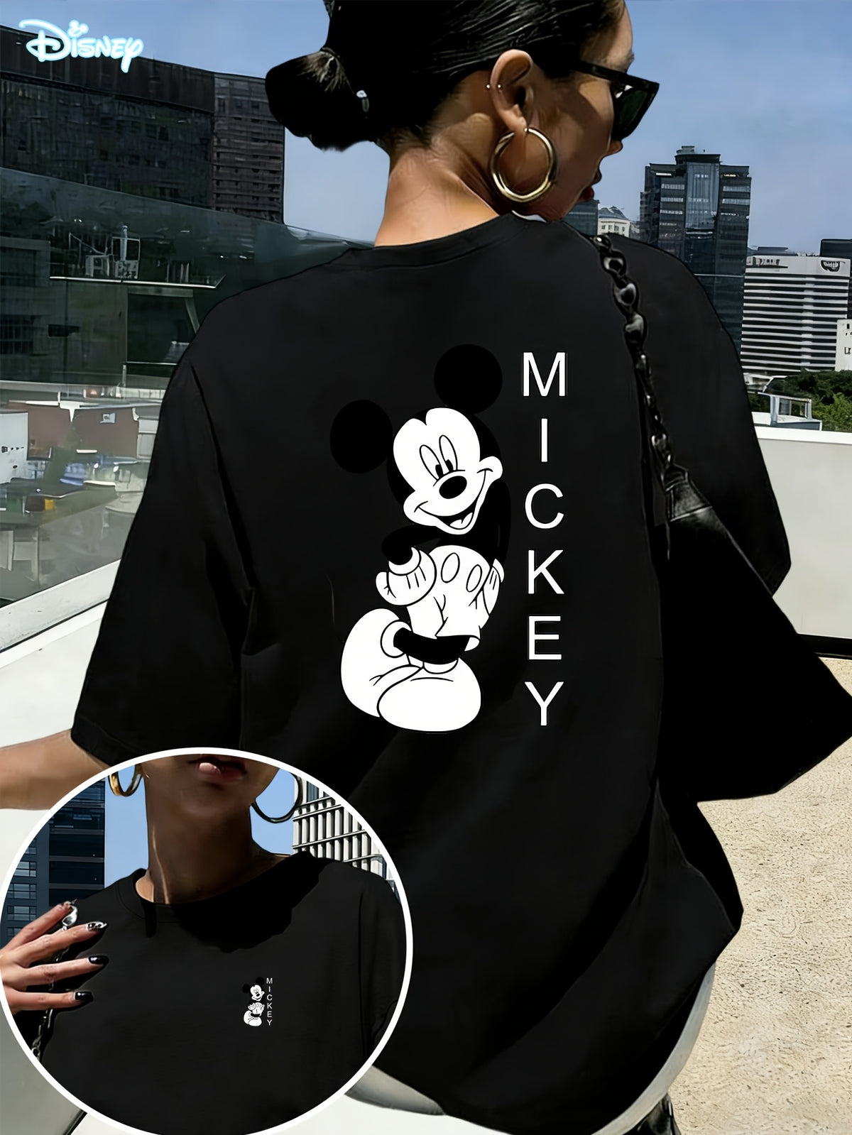 Hot Spring Summer Women'S Casual T-Shirt, Women'S Fashion Clothing, Authorized, Mickey Classic Black And White Image Joyful Pose Side Smile Print, Women'S Fashion Versatile Short Sleeve, Women'S Short Sleeve Top, Daily Outing, Fashion Versatile - Black