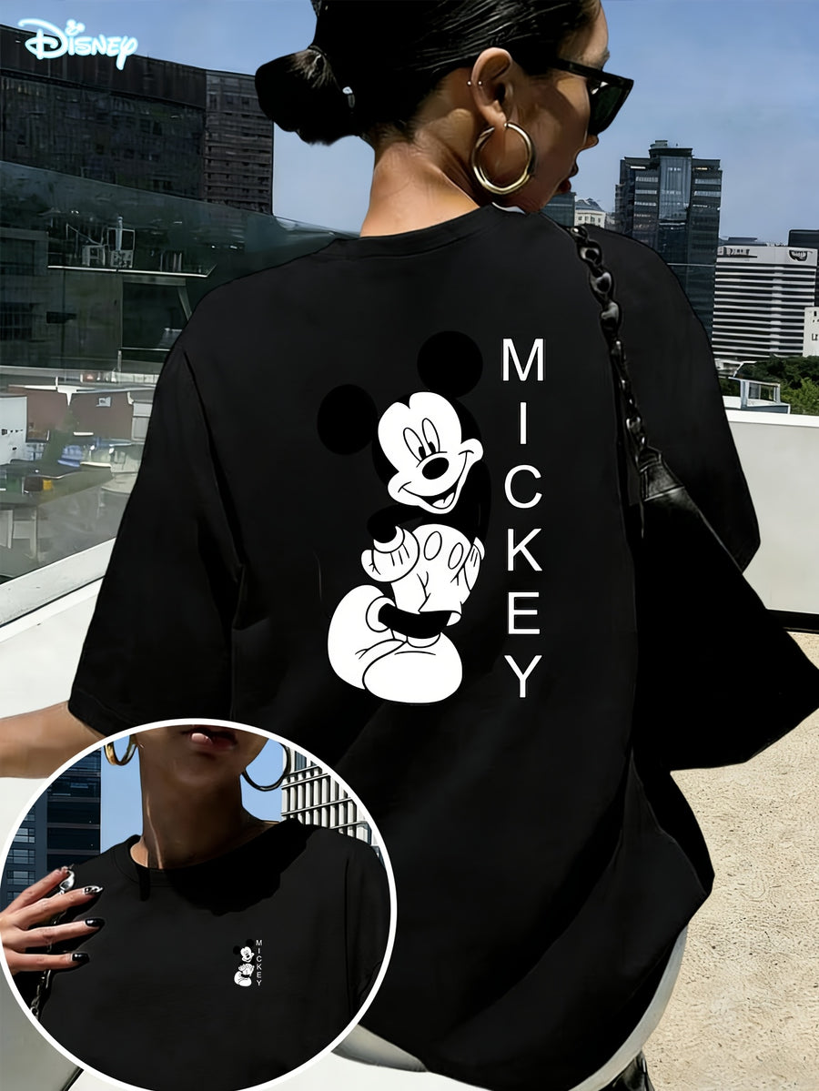 Hot Spring Summer Women'S Casual T-Shirt, Women'S Fashion Clothing, Authorized, Mickey Classic Black And White Image Joyful Pose Side Smile Print, Women'S Fashion Versatile Short Sleeve, Women'S Short Sleeve Top, Daily Outing, Fashion Versatile - Black