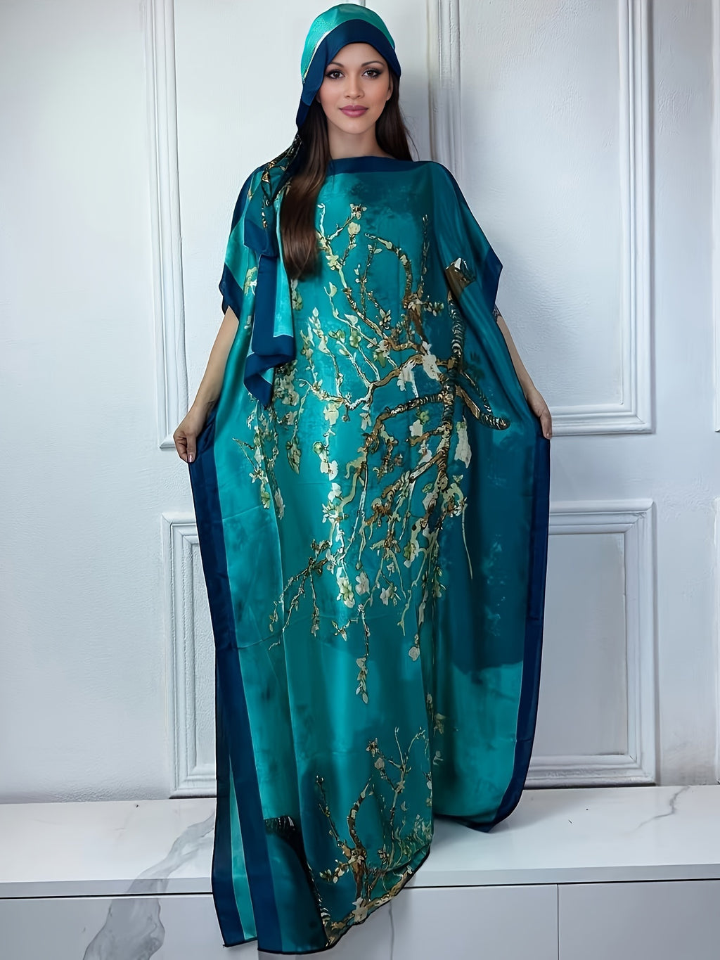 Tree Print Round Neck Long Dress, Elegant Batwing Sleeve Loose Fit Long Dress with Headscarf, Women's Fashion - Malachite Green