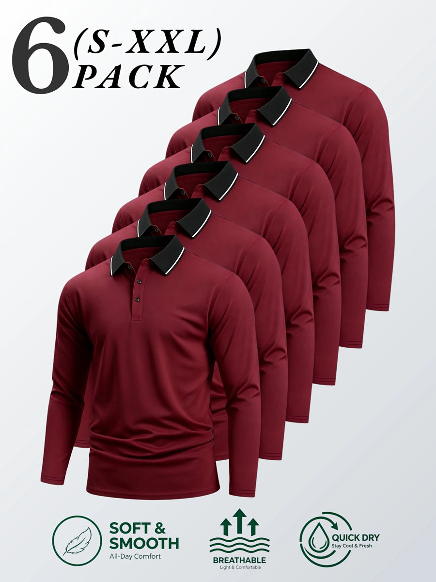 6pcs/Set Striped Lapel Long Sleeve Casual Sports Mesh Quick-Dry Breathable Comfortable POLO Shirt Basic Solid Color - Red 6