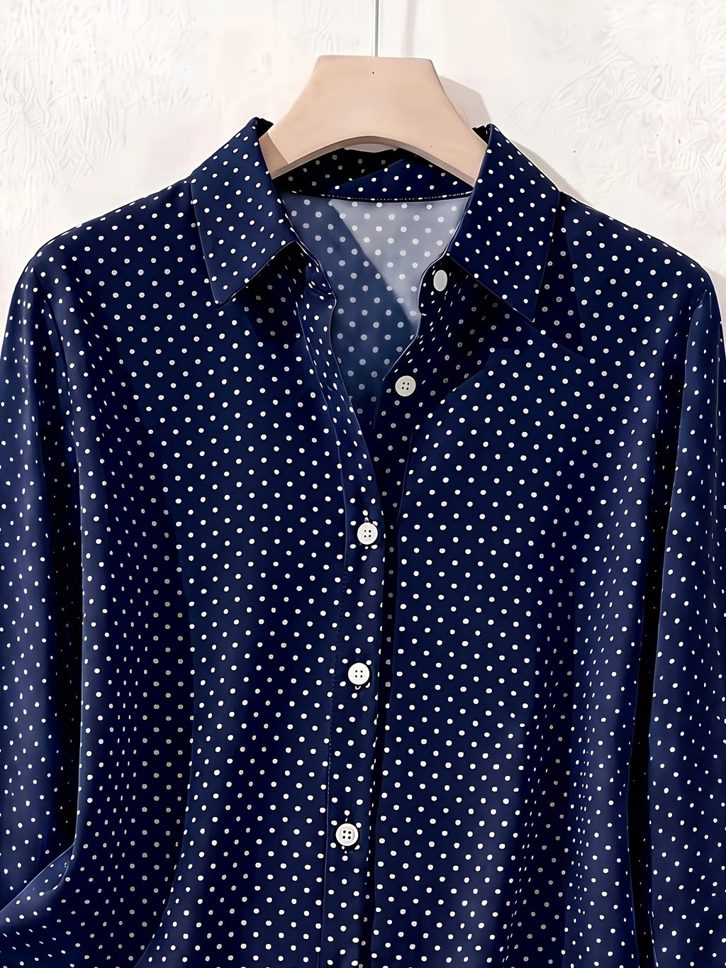 Elegant Fashion Single-Button Women'S Spring Autumn Long Sleeve Polka Dot Shirt - Navy Color
