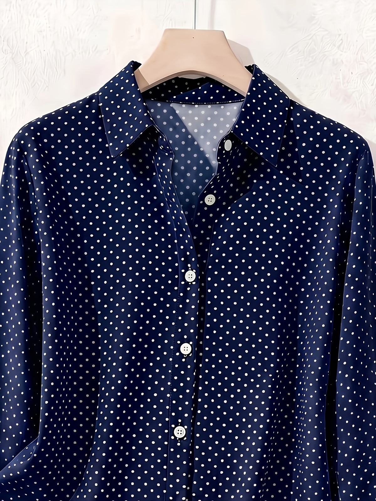 Elegant Fashion Single-Button Women'S Spring Autumn Long Sleeve Polka Dot Shirt - Navy Color