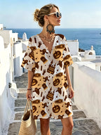 Casual V-neck Short-sleeve Dress with Vintage-style Haunted Castle Print, Featuring a Relaxed and Laid-back Cut, Comfortable and Smooth-flowing Fabric. A Festive Party-themed Piece That Can Be Easily Styled for Daily Outings or Social Gatherings - Mixed colors