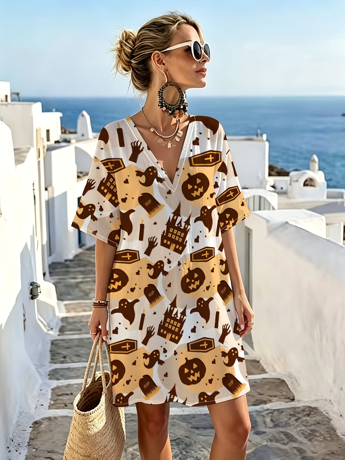 Casual V-neck Short-sleeve Dress with Vintage-style Haunted Castle Print, Featuring a Relaxed and Laid-back Cut, Comfortable and Smooth-flowing Fabric. A Festive Party-themed Piece That Can Be Easily Styled for Daily Outings or Social Gatherings - Mixed colors