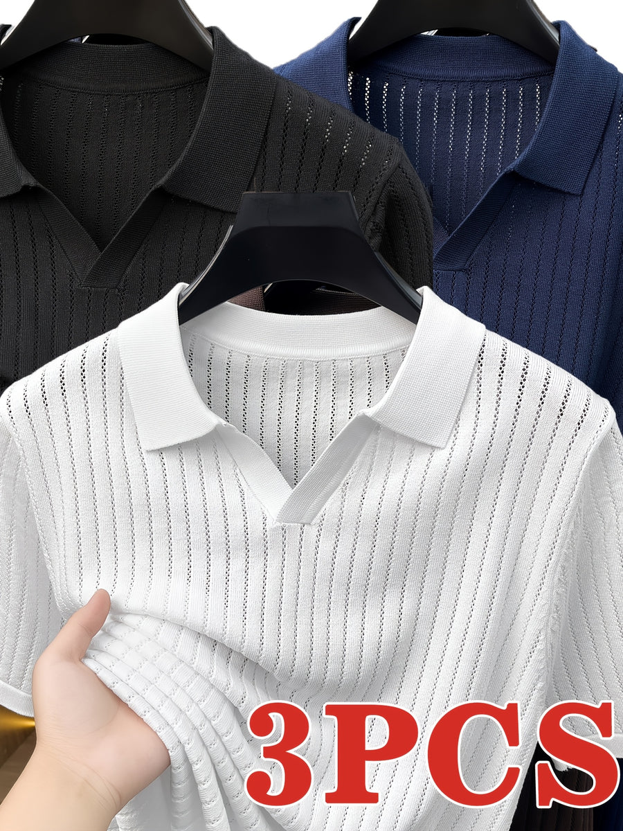 Du Jing Lan OBM 3pcs Set: New Spring/Summer Men's Knitted Pullover, Old Money Style Solid Color Plaid Openwork Breathable Short-Sleeve T-Shirt, Men's Business Casual Fashion Half-Placket Lapel Knit Polo Shirt Base Layer Top. Suitable for Wearing - White+Black+Navy Blue
