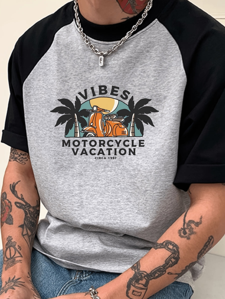 Retro Raglan Short Sleeve Men'S T-Shirt/Summer 2026 New Style/Color-Block Off-Shoulder Top/Casual Outing Outfit/Casual Athletic Top for Men/Round Neck Print Shirt - Grey+Black
