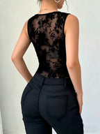 2026 Summer Women'S Elegant Slim Fit Flocking Mesh Pure Sleeveless Easy Versatile V-Neck Sexy Tank Top - Black