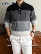 Autumn Winter Men'S High Neck Henley Long Sleeve Pullover Sweater Thick Heavyweight Style, Color-Block Jacquard Design, Casual Elegant Old Money Style, Warm And Cold-Resistant, Suitable for Daily Leisure Sports Outdoor Camping Fishing Wear, Knit - Black