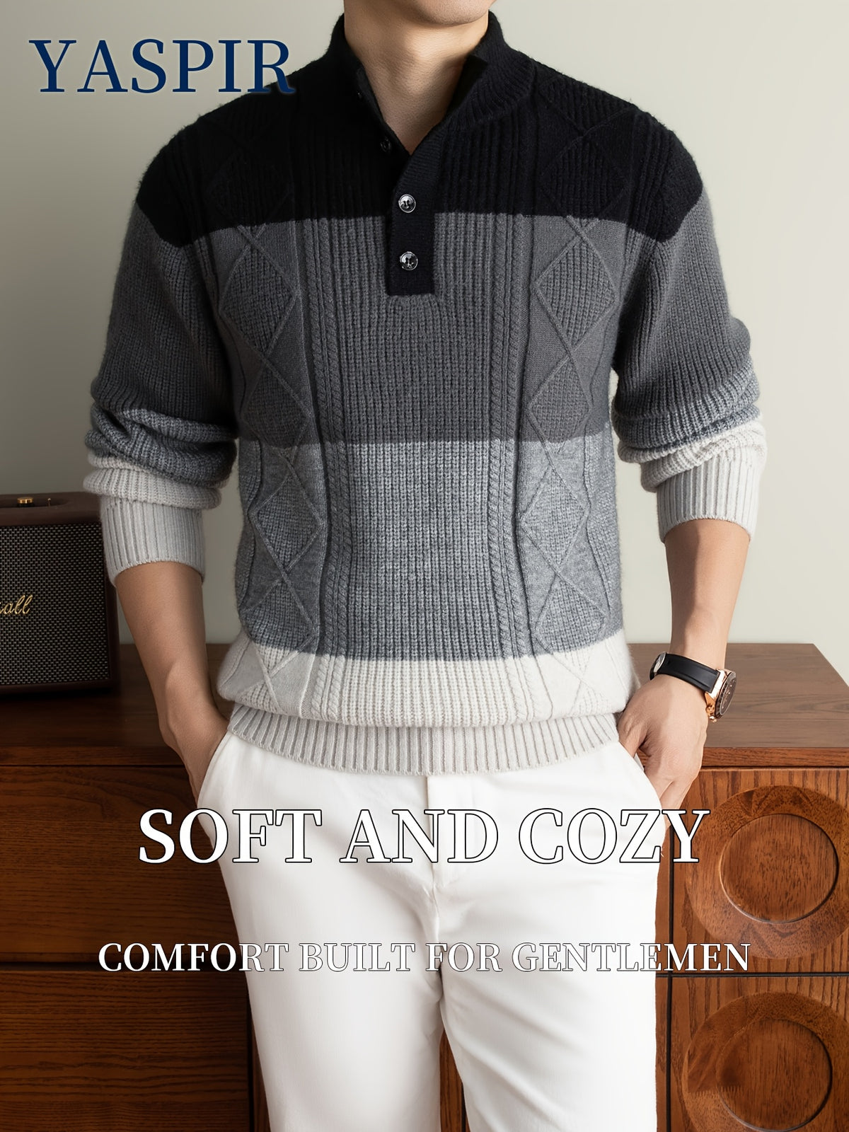 Autumn Winter Men'S High Neck Henley Long Sleeve Pullover Sweater Thick Heavyweight Style, Color-Block Jacquard Design, Casual Elegant Old Money Style, Warm And Cold-Resistant, Suitable for Daily Leisure Sports Outdoor Camping Fishing Wear, Knit - Black
