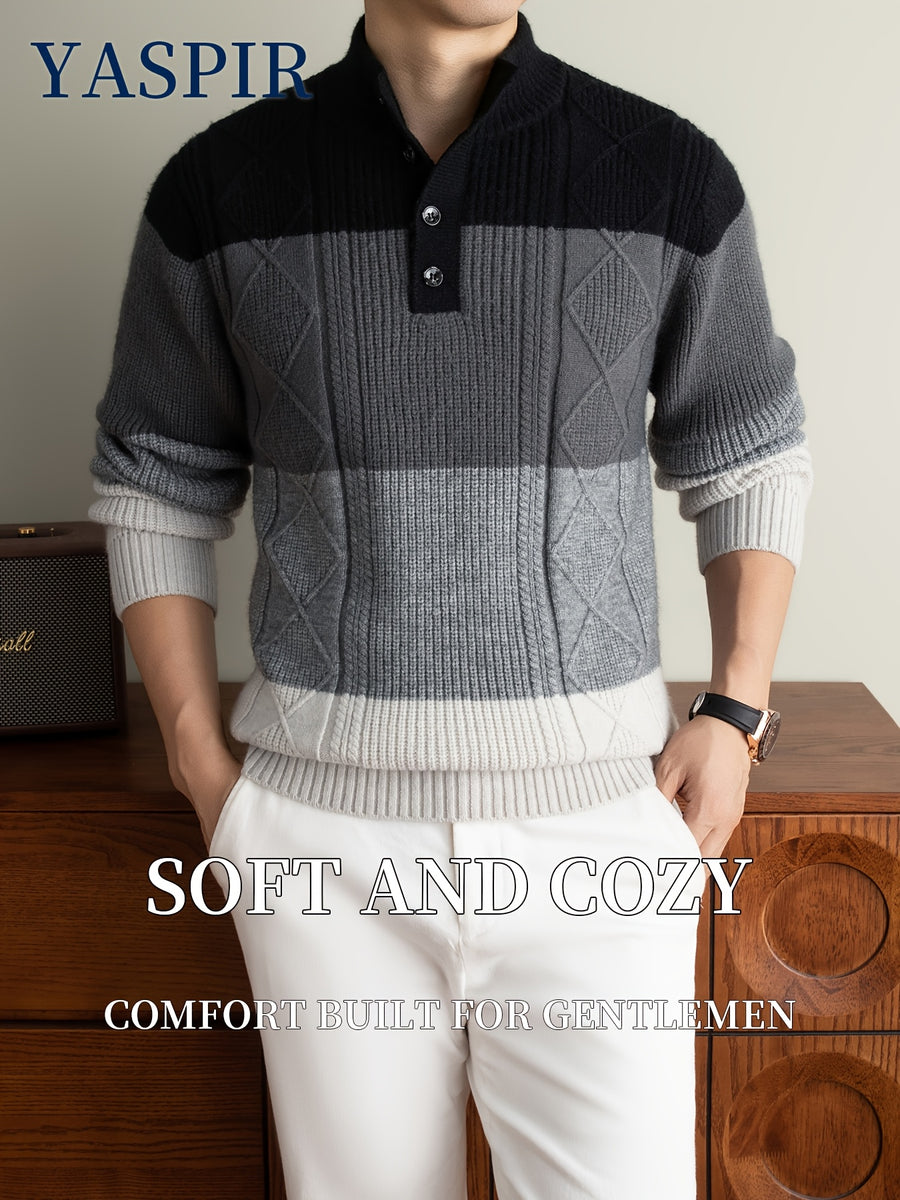 Autumn Winter Men'S High Neck Henley Long Sleeve Pullover Sweater Thick Heavyweight Style, Color-Block Jacquard Design, Casual Elegant Old Money Style, Warm And Cold-Resistant, Suitable for Daily Leisure Sports Outdoor Camping Fishing Wear, Knit - Black