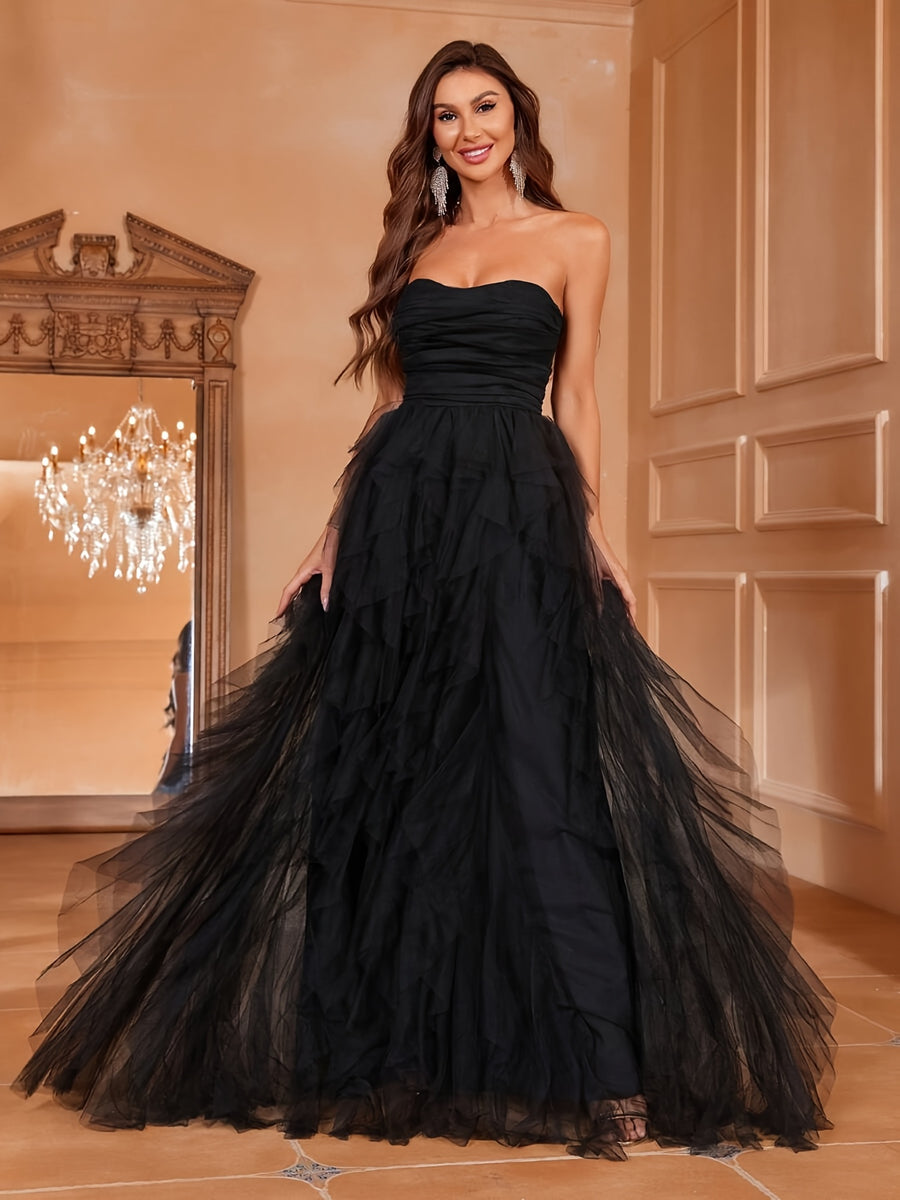 Romantic Strapless Wedding Dress, Bridal Gown with Tiered Ruffled Tulle Skirt And A-Line Cut - Perfect for Classic Weddings, Graduation Gowns, Evening Receptions, Birthday Women'S Attire - Black