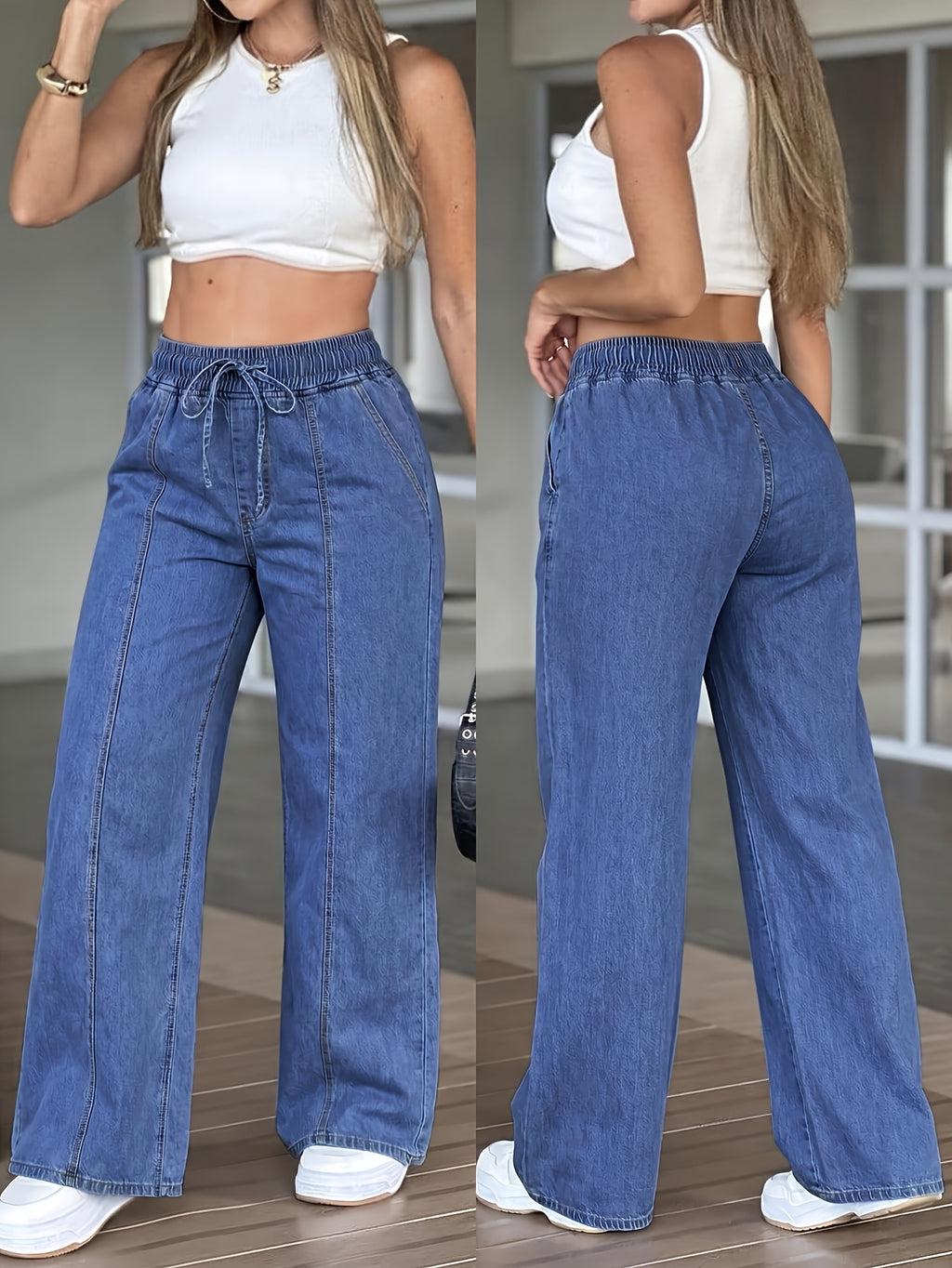 Women's Solid Color High-waist Straight-leg Jeans with a Drawstring Elastic Waistband, Loose Fit, All-season Casual Pants, Lightweight and Comfortable Wide-leg Trousers, Suitable for Daily Wear - Navy Color