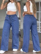Women's Solid Color High-waist Straight-leg Jeans with a Drawstring Elastic Waistband, Loose Fit, All-season Casual Pants, Lightweight and Comfortable Wide-leg Trousers, Suitable for Daily Wear - Navy Color