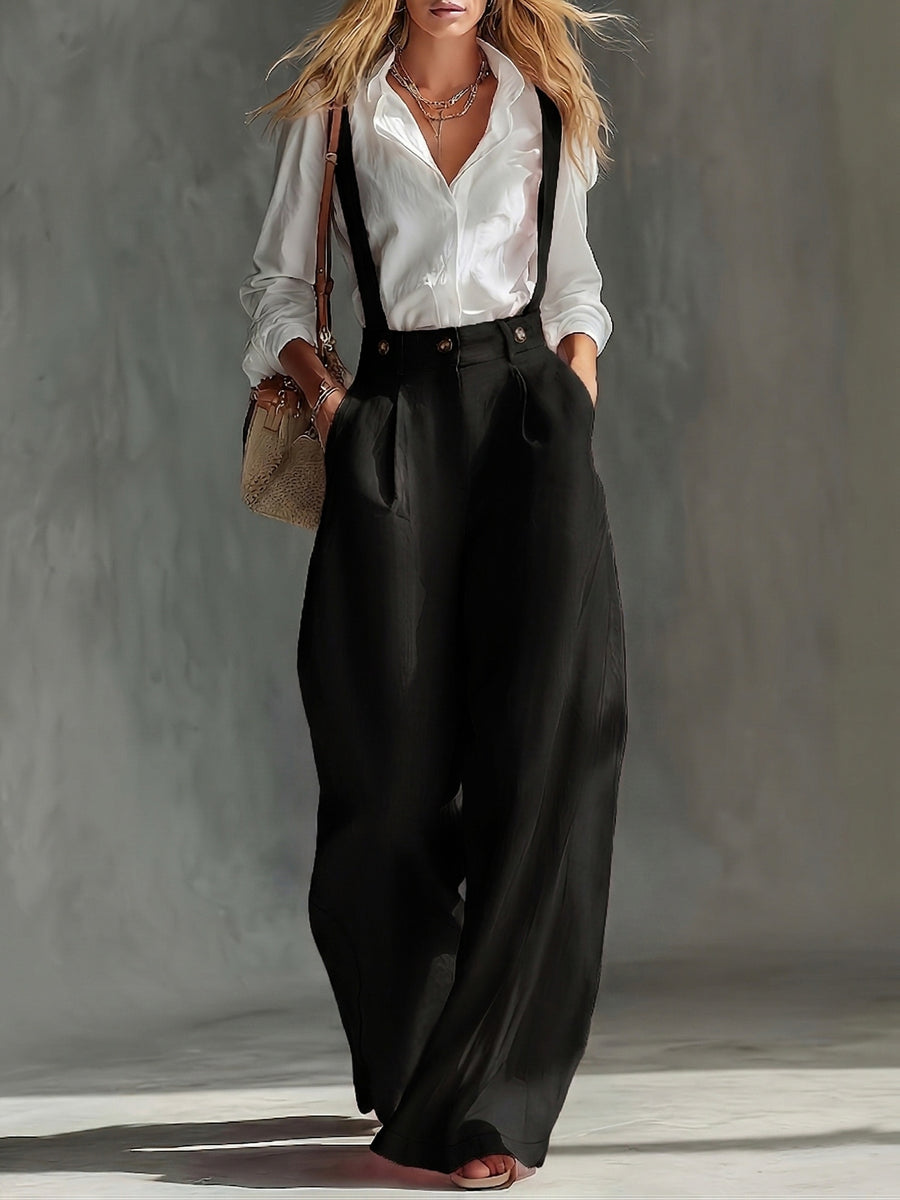 Spring and Autumn High-Waist Pleated Suspender Pants, Vintage Temperament Commuter Casual Trousers - Black