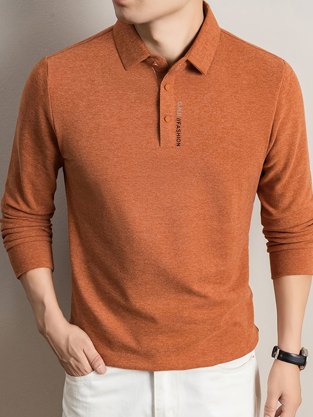 Men's Lapel Casual Knit Long-Sleeve Top, Slightly Relaxed Fit, Suitable for Both Business and Casual Wear, Ideal for Men's Commuting and Daily Use - SINBOS - Pumpkin Orange