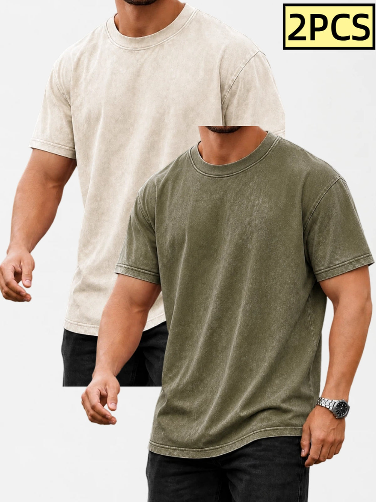 American Retro Washed Cotton Street Style Men's Short-sleeve Shirt[three-piece Set] 100% Cotton Solid Color Loose-fit T-shirt - 2PC