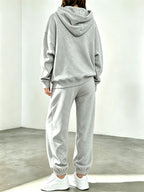 Autumn Winter Trendy Fashion Hooded Drawstring Sweatshirt And Jogger Pants Women'S Set, Hooded Drawstring Design, Front Kangaroo Pocket on Sweatshirt, Comfortable Wear for Cold Weather, Classic Silhouette, Comfortable Fit - Light Gray 2
