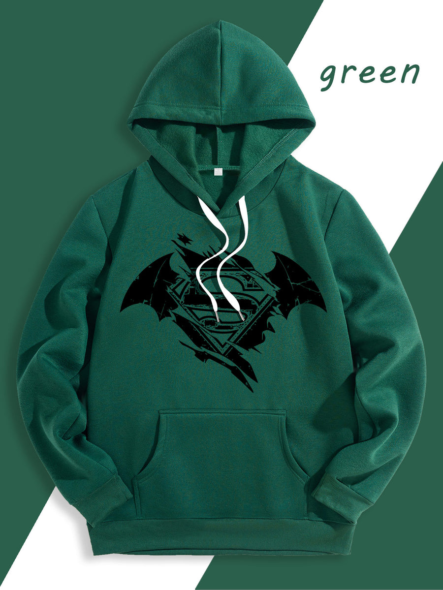 Warner Official Men's Hooded Sweatshirt, Black and White Distressed Batman Symbol Torn Wind Print Design, Machine Washable, Cozy and Comfortable Daily Drawstring Hooded Sweatshirt for Autumn and Winter, Versatile Sporty Casual Loose Fit - Green