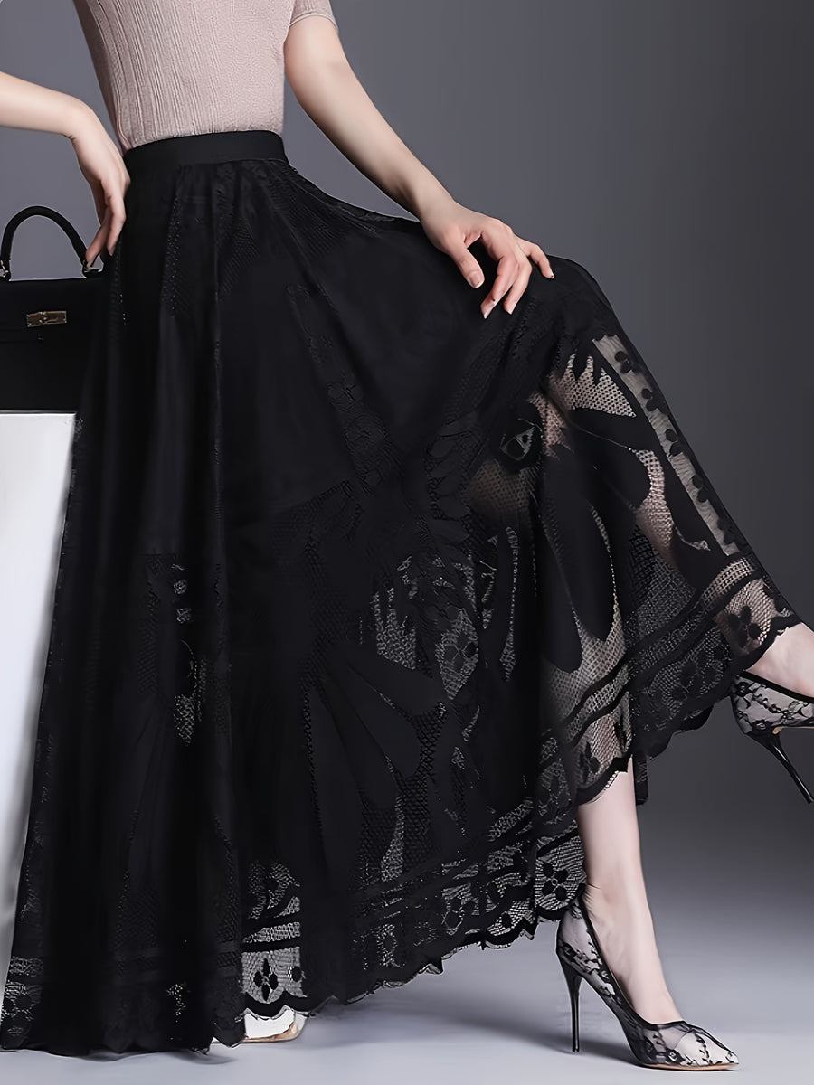 Elegant Women's A-Line Lace Skirt - Long Pleated Design with Intricate Floral Patterns, Lightweight Polyester, Ideal for Spring/Summer/Fall Events, Spring Summer Fashion|Aline Skirt|Polyester Fabric - Black
