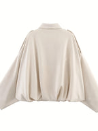 Women'S Casual Street Style Lapel Jacket, Retro Long Sleeve Zip Loose Coat - Apricot