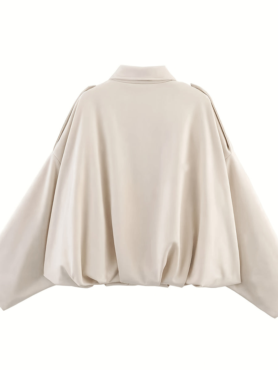 Women'S Casual Street Style Lapel Jacket, Retro Long Sleeve Zip Loose Coat - Apricot