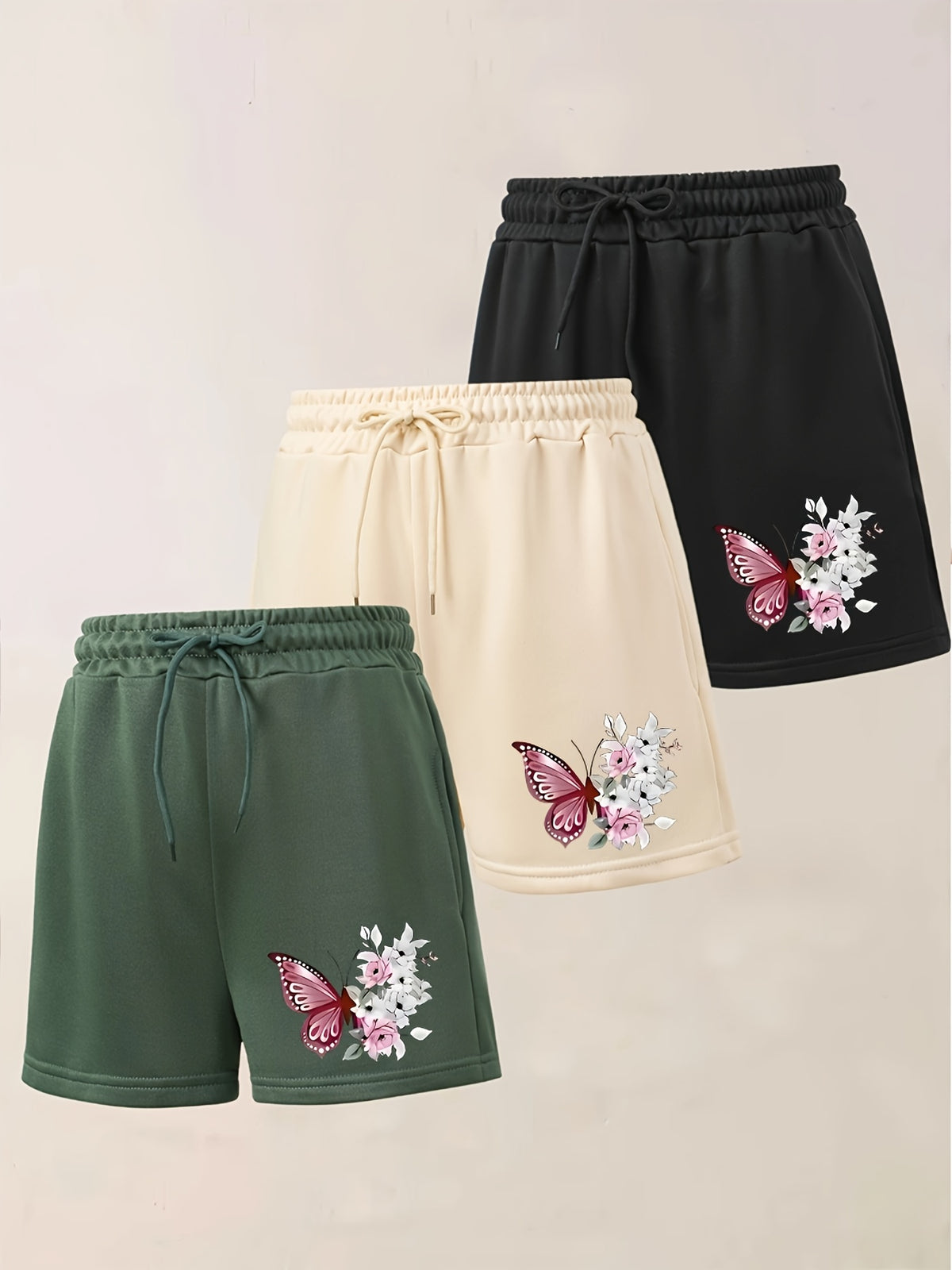 3pcs Women'S Casual Jogger Shorts - Floral Butterfly Print, Drawstring Loose Fit Summer Elegant Sports Shorts, Machine Washable - Black + Apricot + Green