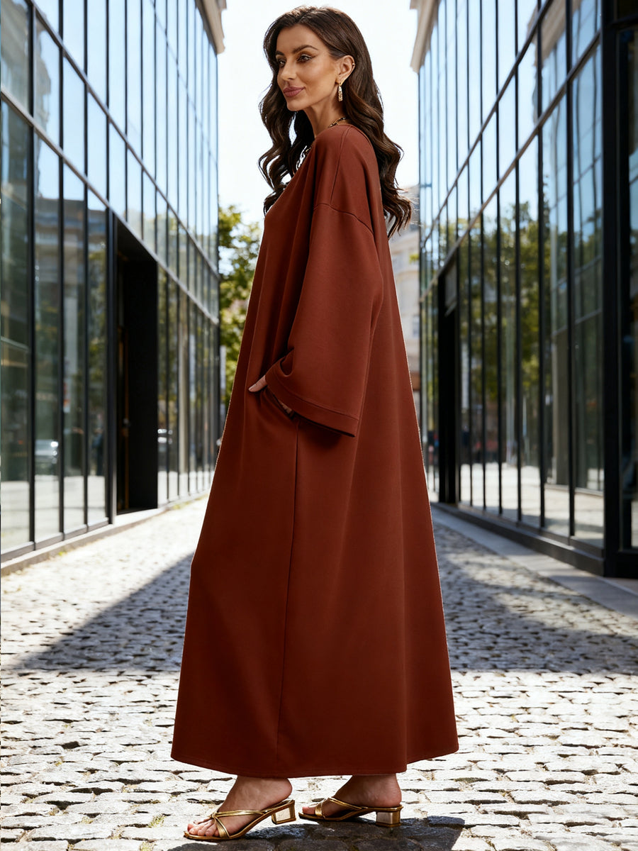 1pc Autumn/Winter Fashion Simple Pullover Abaya Sweatshirt Dress, Modest Muslim Home Casual Wear - Light Brown-1