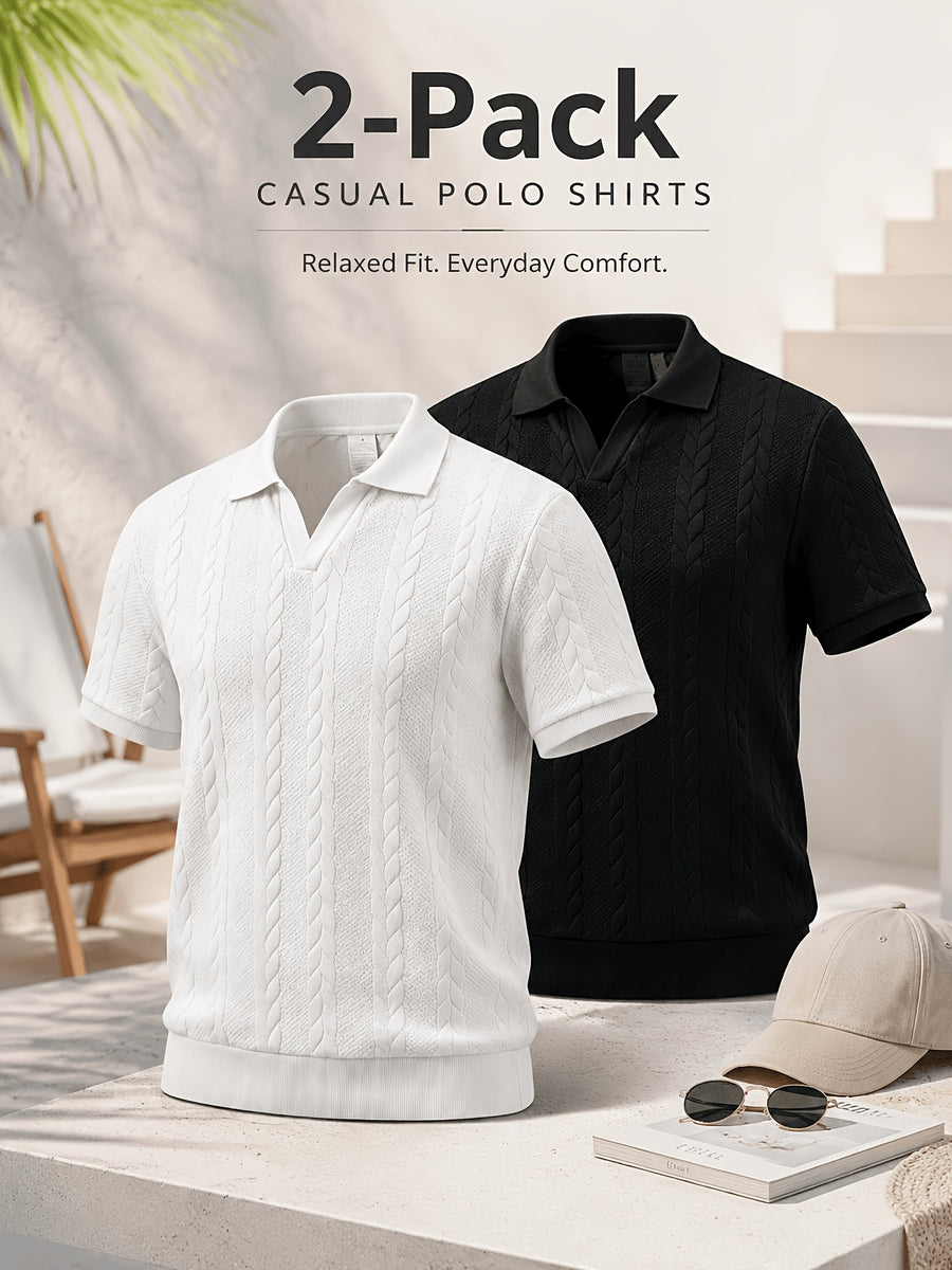 2pcs Men's Summer Jacquard Ribbed Lapel Loose Fit T-Shirt Golf Casual Business Versatile Knit Short Sleeve Polo Shirt - White+black
