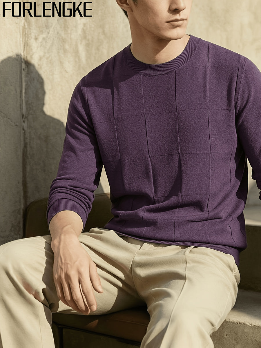 FORLENGKE Men's Casual Commuter-style Checkered Knit Sweater with Checkered Jacquard, Soft and Breathable Knit Fabric, Classic Crew Neck Long-sleeve Pullover Style, Suitable for Various Outfit Occasions, Autumn and Winter Daily Casual Men's Top - Purple