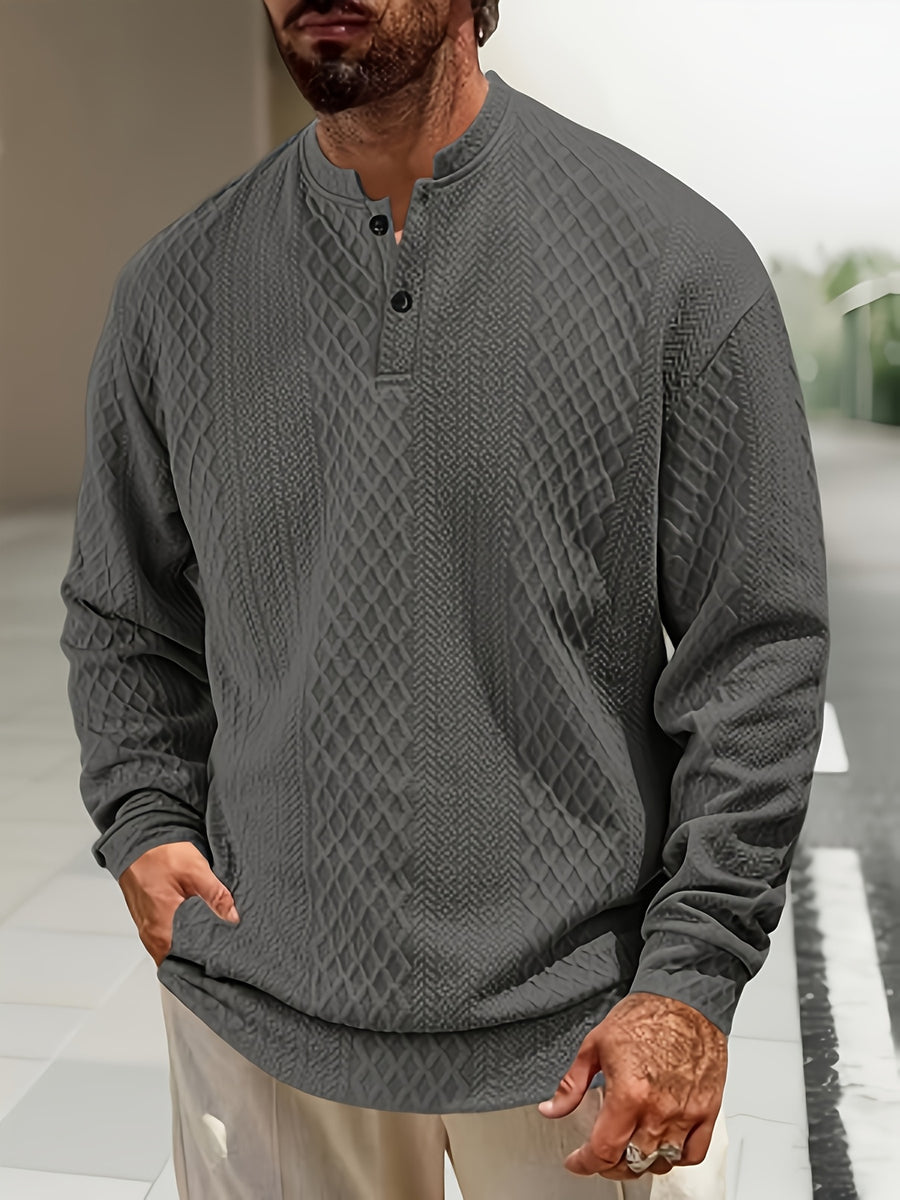 Men's New Autumn/Winter Jacquard Two-Button Casual Crew Neck Sweatshirt - Dark Gray