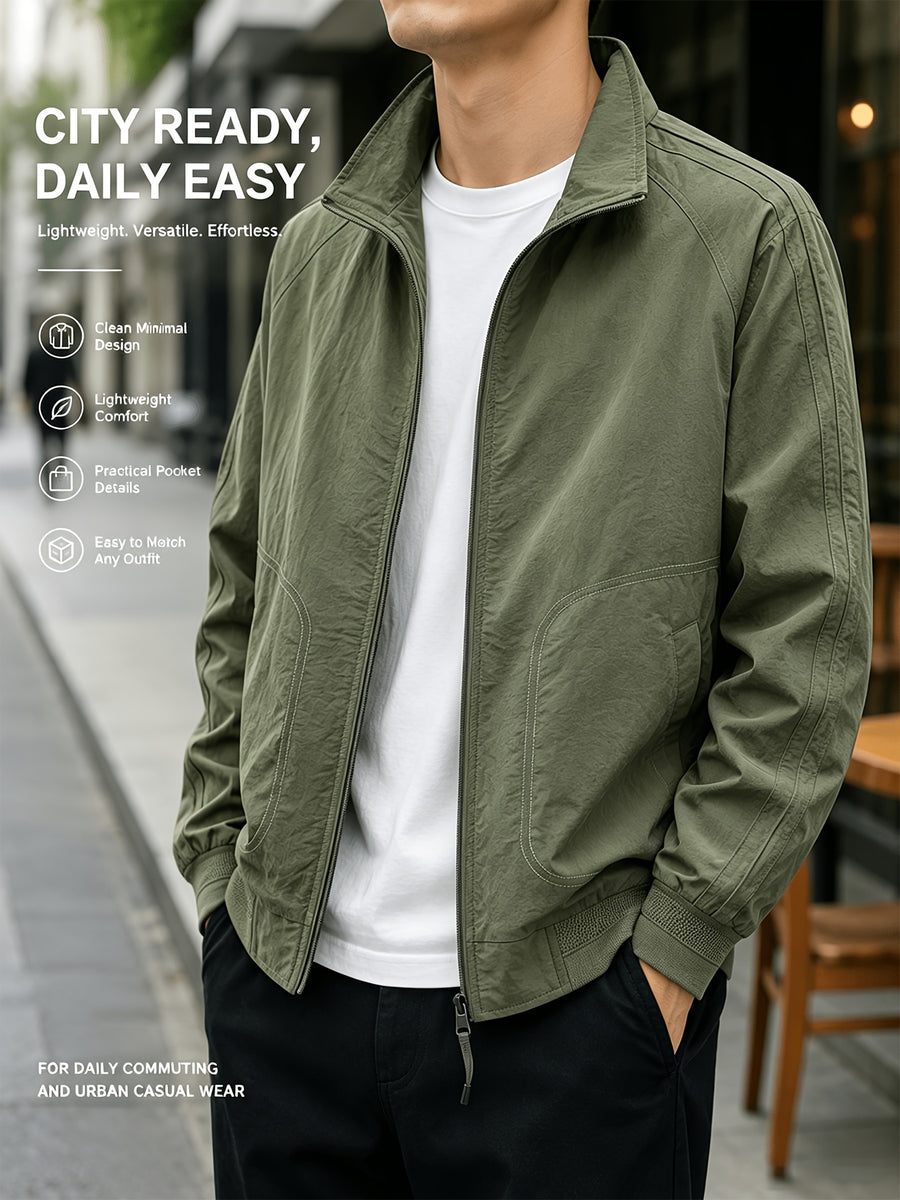 Men'S Stand-Collar Casual Commuter Jacket, Mesh Breathable Lining, Premium Wrinkle-Resistant Easy Care Fabric, Stand-Collar Zipper Closure, Ribbed Cuffs And Hem, Loose Fit Suitable for Business, Commute, And Casual Wear, Multi-Scene Men'S Outerwear - fern green
